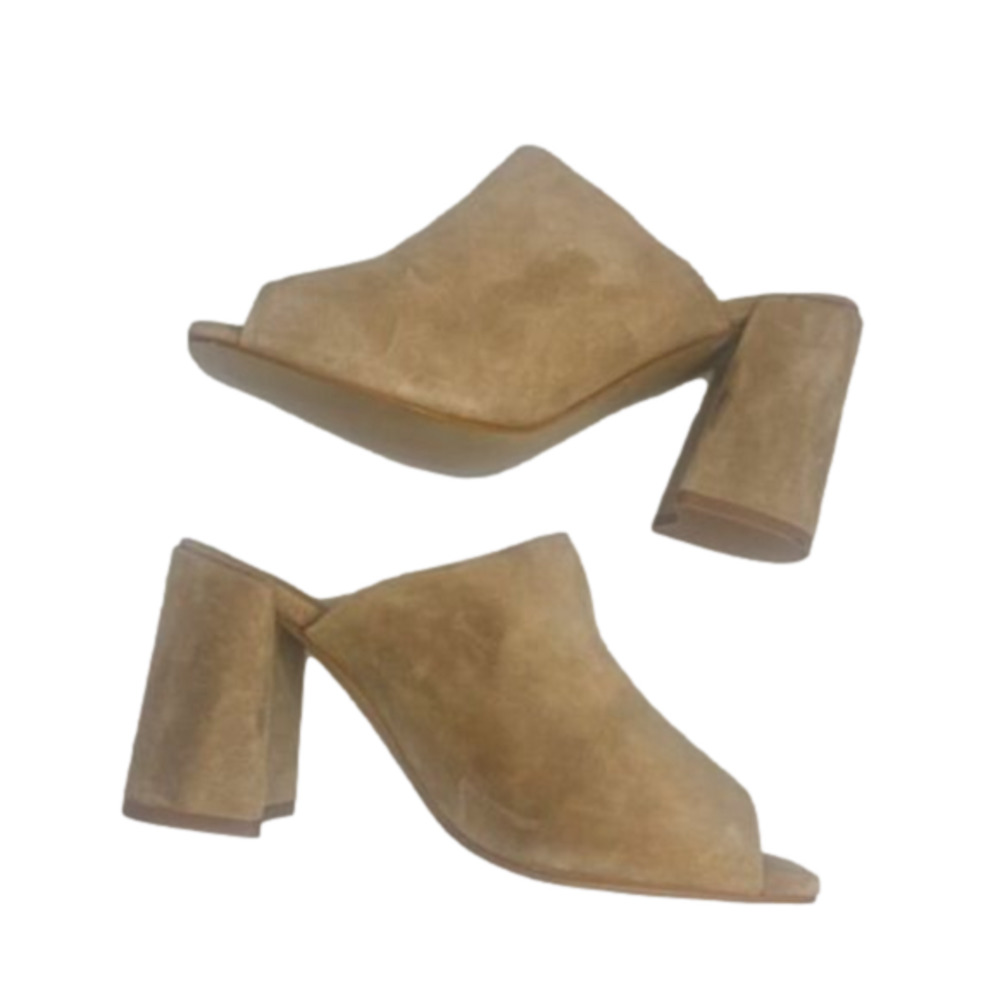 Pure Navy Suede Peep Toe Chunky Heel Mule in Tan Women’s Size EU 39